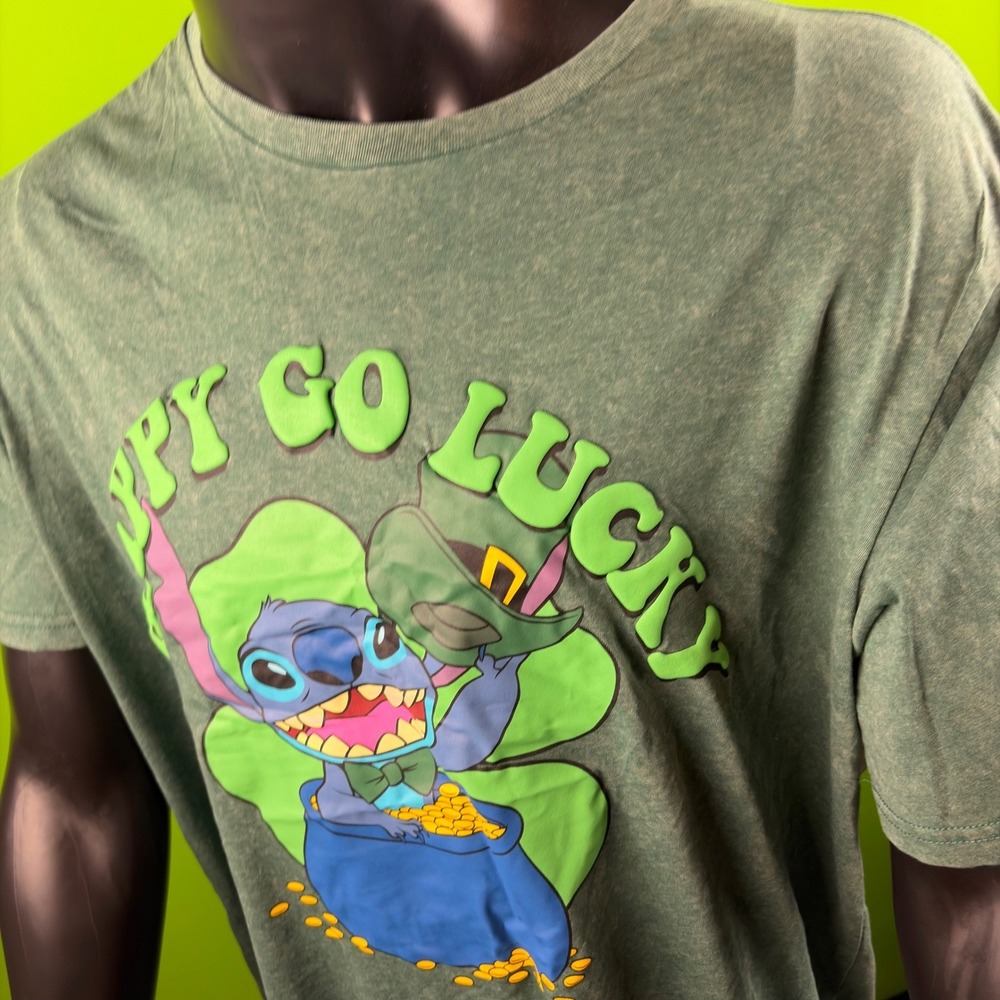 Disney‎ Stitch Happy Go Lucky St Patricks Day Green Graphic T-Shirt XL NWOT